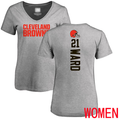 Cleveland Browns Denzel Ward Women Ash Jersey #21 NFL Football Backer V-Neck T Shirt->women nfl jersey->Women Jersey
